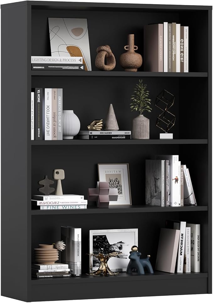Farini 48 Inch Tall 4-Shelf Bookcase, Wood Bookshelf Storage Organizer Adjustable Shelf for Home Office, Study Room, Easy Assembly,Black