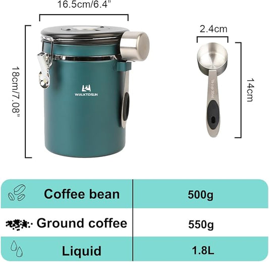 Coffee Canister Airtight Storage Container Stainless Steel Air Tight Coffee Jar with Scoop, Date Tracker CO2 Release Valve for Dry Food, Beans, Ground, Tea, Flour, Cereal and Sugar (Green)-NeatNest