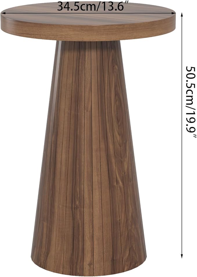 Round Fluted Accent End Table, Pedestal Side Small for Living Room, Mid Century Modern Night Stand, Wood Nightstands for Bedroom (Big Walnut)