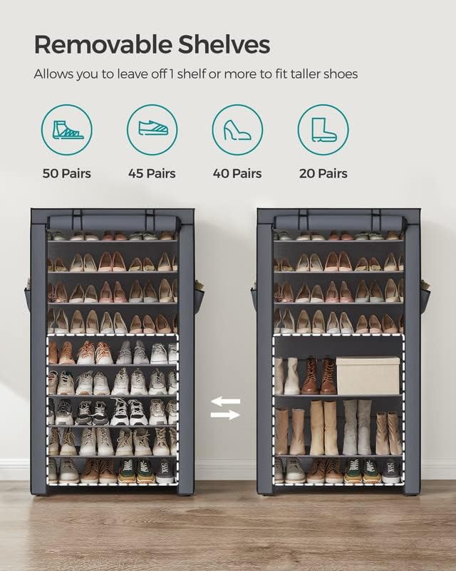 SONGMICS Shoe Rack with Non-Woven Fabric Cover, 9 Tier Storage Shelf for 40-50 Pairs of Shoes, Entryway, Suitable for Sneakers, High Heels, Flats, and Boots, Grey RXJ36G01-NeatNest