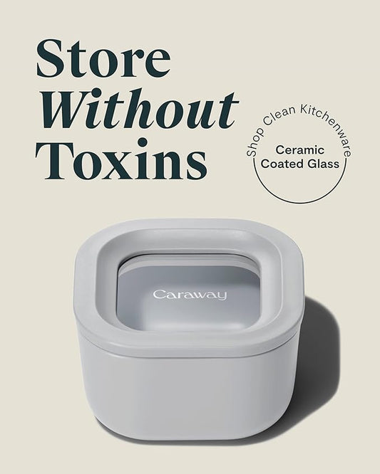 Caraway Mini Square Food Storage Container - 1.75 Cup Glass Storage Container for Food - Non-Toxic Ceramic-Coated Glass - Air Release Technology - Compact & Stackable Design - Gray-NeatNest