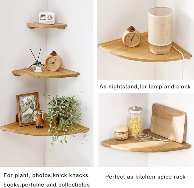 Corner Shelves Wall Mount, 10inch Oak Wood Floating Corner Shelves Set of 2 Round End Small Plant Shelf Wall Mount for Kitchen, Living Room, Bedroom…-NeatNest