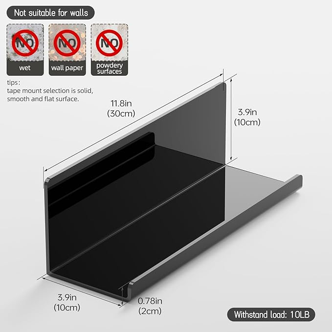 Acrylic Floating Shelves for Wall No Drilling, Self Adhesive Space-Saving Shelves, 12 Inch Floating Shelf Stick on Wall Shelf, for Bathroom, Kitchen, Bedroom, Office, Gaming Room, Black-NeatNest