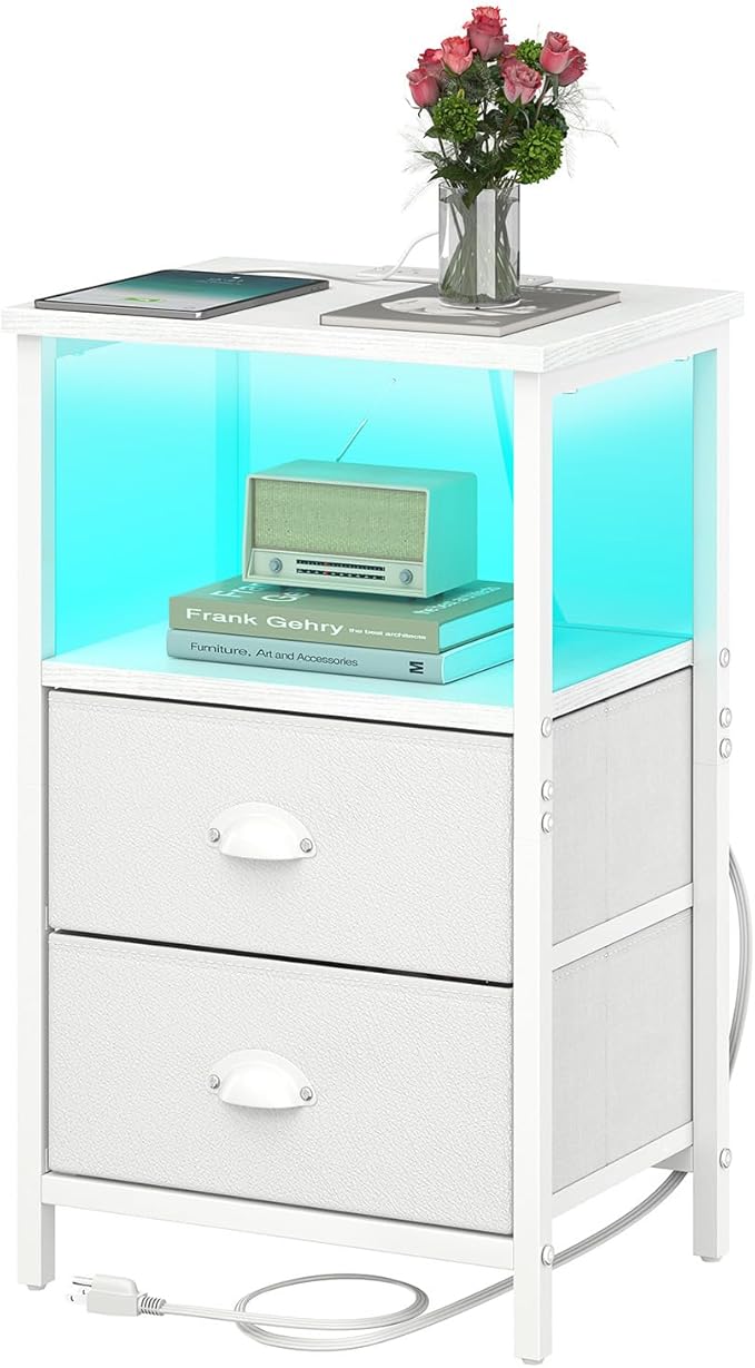 Nightstand with Charging Station, LED Night Stand with 2 Fabric Drawers PU Finish, Bedside Tables End Table with LED Light, 3-Tier Storage Side Table Nightstand with Drawers for Bedroom,White