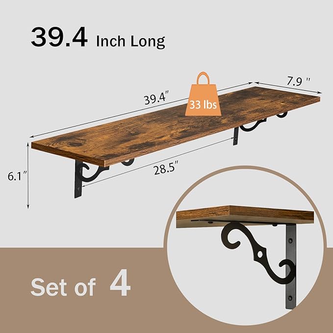 DINZI LVJ Long Wall Shelves, 39.4 Inch Large Floating Shelves Set of 4, Wide Display Shelf Wall Mounted with Brackets, Easy Hanging for Living Room, Toilet, Office, Bedroom, Rustic Brown-NeatNest