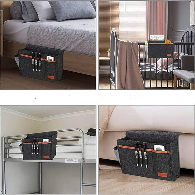 Bedside Caddy,Felt Bedside Storage Organizer, Hanging Storage for Dorm Bed Sofa for tablet Magazine Phone Remotes and Water Bottle Holder (Black)-NeatNest