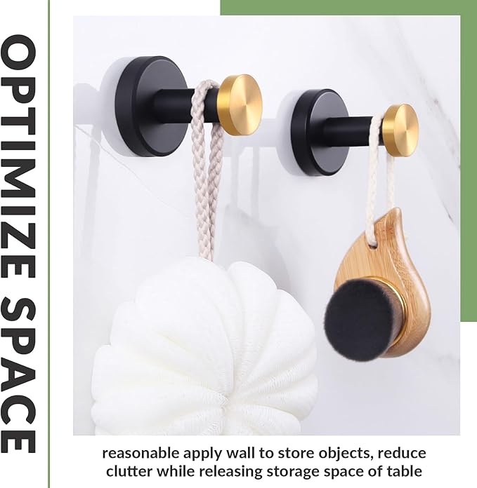 APLusee Bathroom Robe Towel Hook 2 Pack, Stainless Steel Round Clothes Holder, Toilet Bath Kitchen Door Wall Mounted Hanger, Black Gold