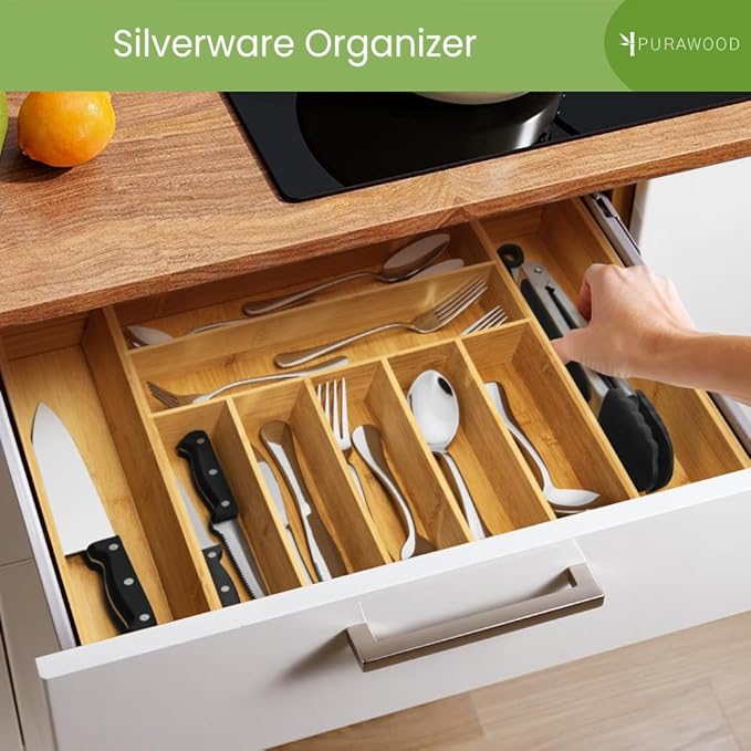 Bamboo Drawer Organizer, 2 Pack - Expandable Silverware Organizer & Utensil Drawer Organizer, Cutlery Tray with Dividers, 7-9 Slots - Premium Kitchen Organizer for Utensils & Flatware (Natural)-NeatNest