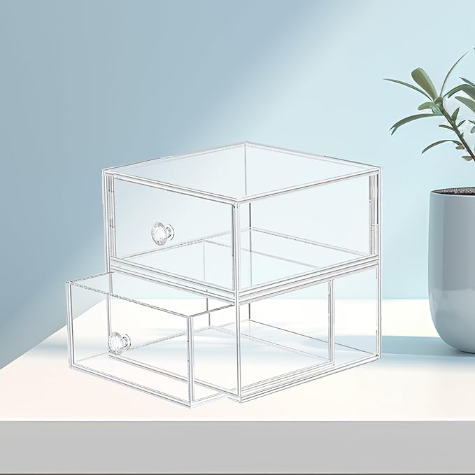 Acrylic Jewelry Box Clear Jewellery Storage Drawer Transparent Cosmetic Display Stand Holder Home Organizer Tray for Earring Necklace Rings Bracelet Makeup (2 drawer)-NeatNest