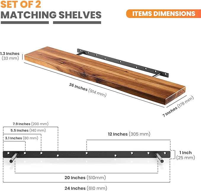 BATODA Set of 2 36" Wood Floating Shelves Wall Mounted – Rustic Farmhouse Wooden Wall Storage Shelf for Bedroom, Kitchen, Home Décor - Brackets and Shelving Hardware Included (Acacia, 36inch)-NeatNest