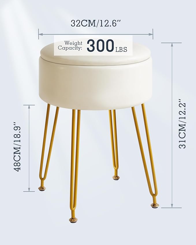 IBUYKE Faux Leather Round Footrest Stool with Storage Ottoman, Makeup Vanity Chair Side Table, PU Dressing Table Seat, Removable Cover, Golden Steel Legs, White WBD024W