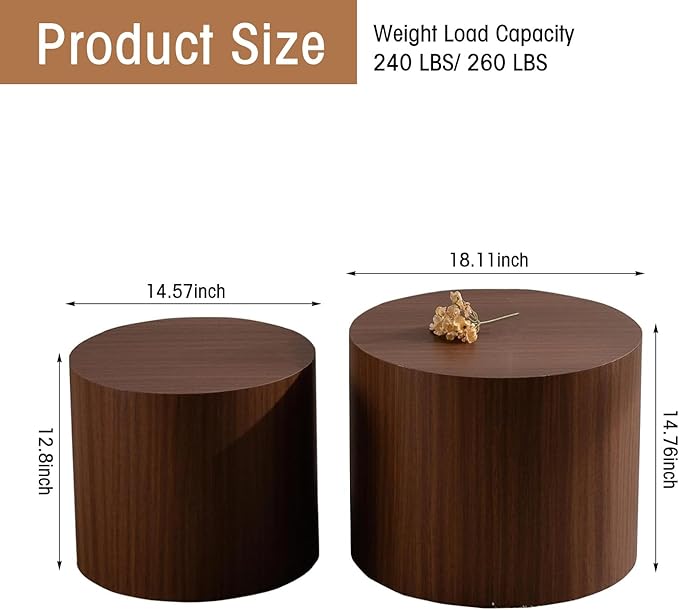 Round Nesting Coffee Table Set of 2 Walnut Round Drum Fluted Coffee Tables for Small Space Modern Stacking Nesting Tables Minimalist Circle Center Table 2 Piece for Living Room (Dark Wood)