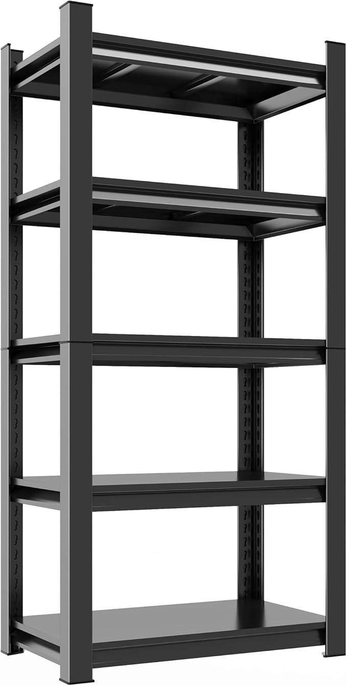 5 Tier Tall Bookcase - Industrial Metal Bookshelf, Adjustable Wide Shelves for Heavy Duty Storage in Bedroom/Living Room/Library, Black Organizer