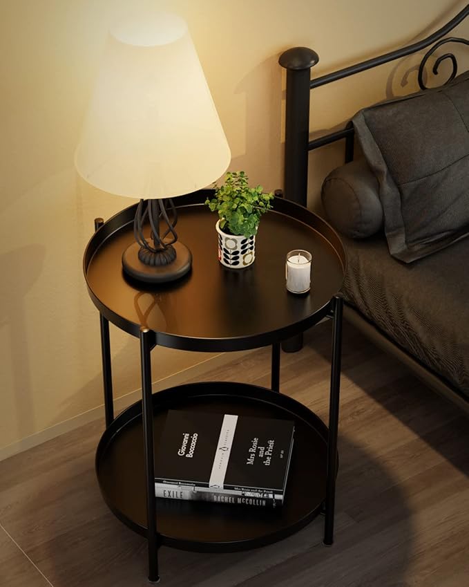 EKNITEY 2 Tier End Table - Metal Side Table Waterproof Small Sofa Coffee Side Tables Bedroom Indoor Outdoor with Removable Tray for Living Room Bedroom Balcony and Office (Black)-NeatNest