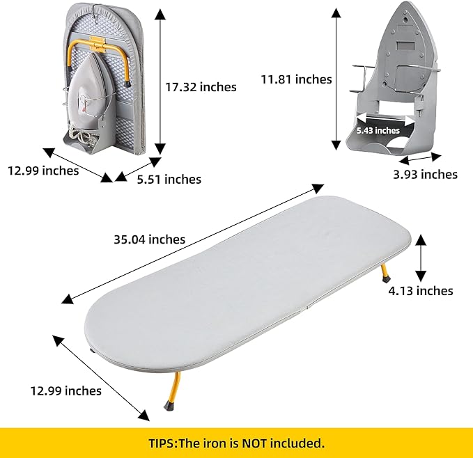 Foldable Ironing Board, 13"x35" Folding Tabletop Small Ironing Board with Iron Holder and Wall Mount Space-Saving, Grey