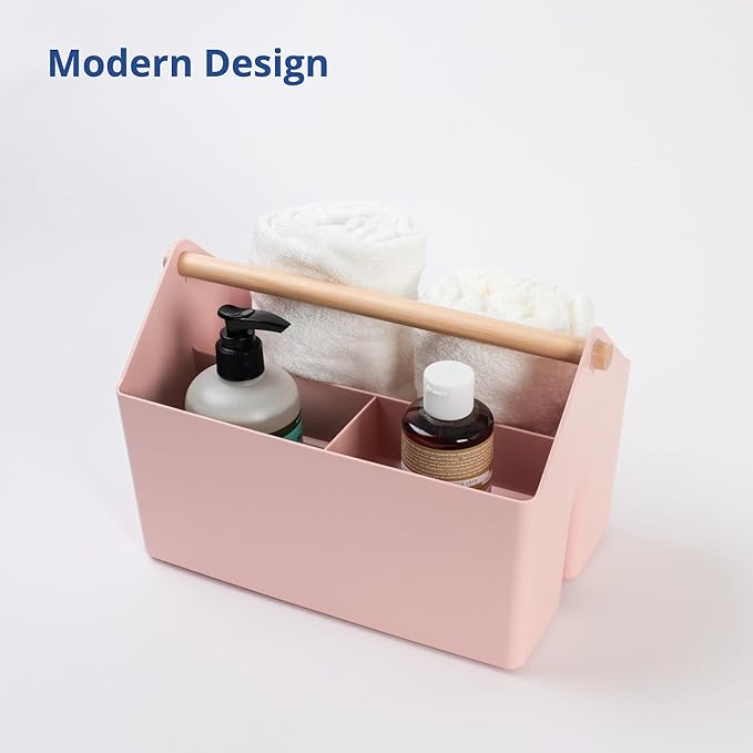 BLUE GINKGO Medium Storage Basket – Plastic Caddy with Wooden Handle for Office, Arts & Crafts, or Home Supplies (Pink)-NeatNest