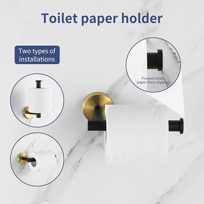 5 Pieces Bathroom Hardware Set Black Gold, Towel Rack Including 2pcs 16 inch Tower Bar, Towel Ring and 2 PCS Towel Hooks