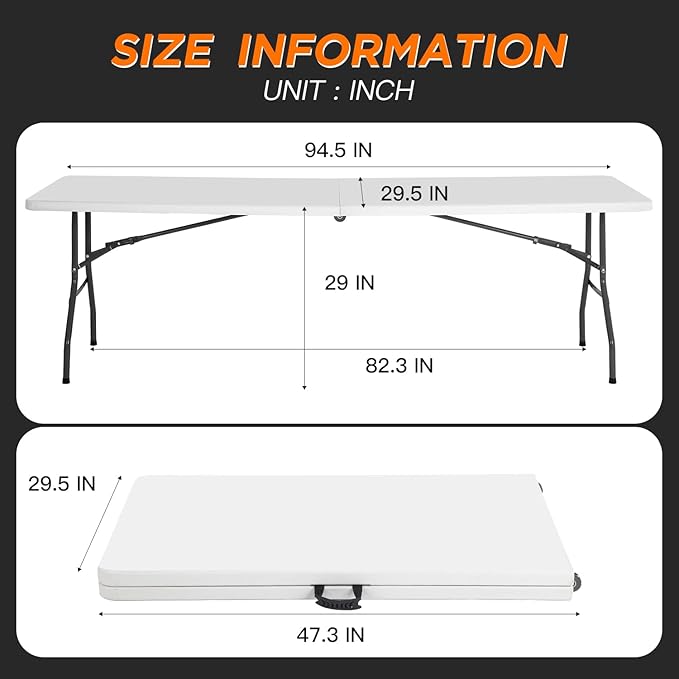 BestOffice 8FT Picnic Table Folding Table Camping Table Plastic Table Fold Up Table Lock for Party Event,White-NeatNest