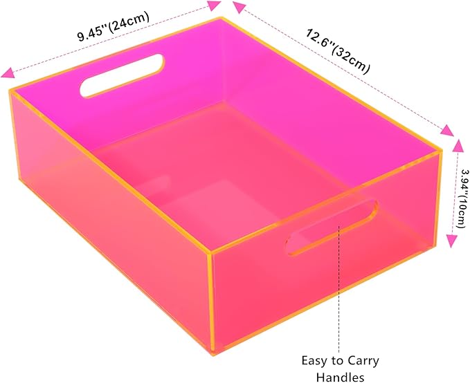 Acrylic Storage Bin Pantry Storage Container with Handles Kitchen Organizer Bin for Cabinet Cupboard Organization, Heavy Duty, 12.6 x 9.4 x 4'', Neon Pink