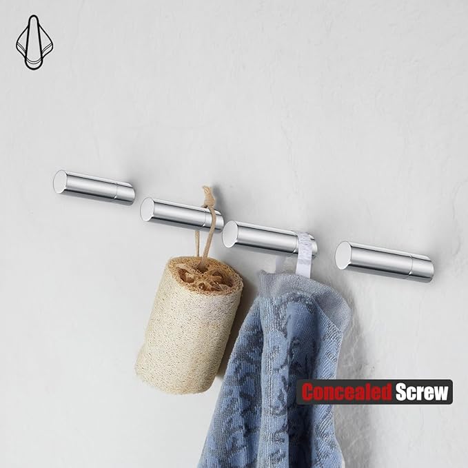 JQK Wall Hooks Chrome, 304 Stainless Steel Coat Hooks Wall Mounted for Robe Hat Clothes Hanger Towels, Polished Chrome, 4 Pack, RH120-CH-P4