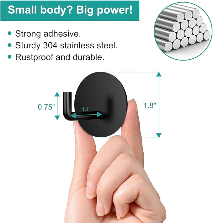 Adhesive Hooks Heavy Duty Stick on Hook Waterproof, Black Round Adhesive Hooks, Removable 304 Stainless Steel Wall Sticky Hooks 4 pcs