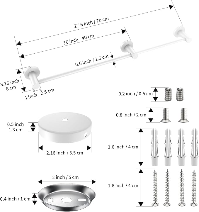 Adjustable Single Bath Towel Bar 16 to 27.6 Inch, ZUEXT Oil Rubbed White Stainless Steel Towel Holder Hanger,Expandable Wall Mount Towel Rail for Bathroom Kitchen,1" Tube Towel Rail Racks w/Hooks