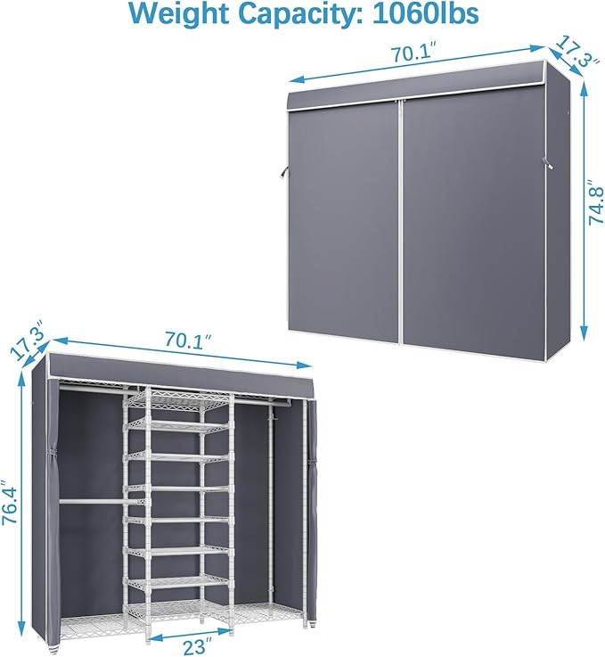 VIPEK S3C Heavy Duty Portable Closet, Adjustable Shoe Rack Wire Shelf, Large Wardrobe Organizer for Bedroom Storage, Freestanding Clothes Rack with Hanging Rod, Custom White Rack with Grey Cover-NeatNest