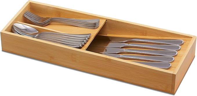 Bamboo Silverware Drawer Organizer, Kitchen Cutlery Tray,Utensil Holder for Spoons, Forks, Knives in Kitchen-NeatNest