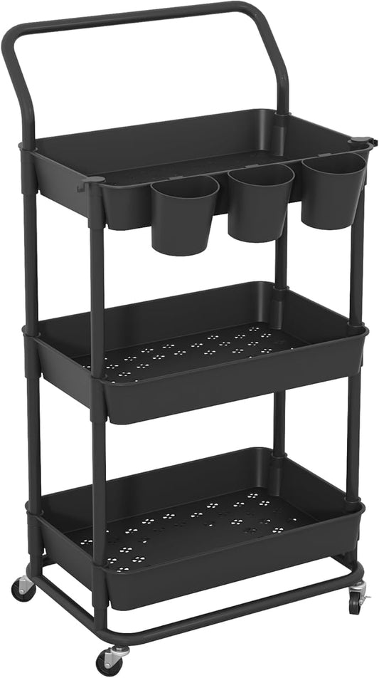 Buzowruil 3-Tier Rolling Utility Cart, Storage Cart with Handle Multi-Purpose and Locking Wheels,with Hanging Basket and Hook for Office, Kitchen, Bathroom,Black-NeatNest