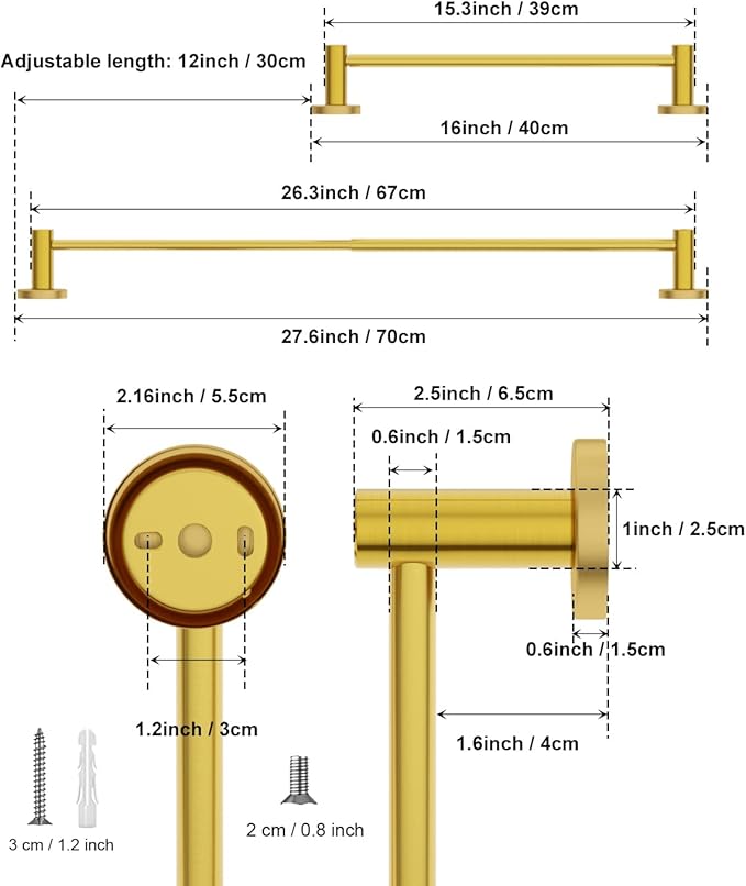 Adjustable 16 to 27.6 Inch Single Towel Bar, iMomwee Gold Brush Finished SUS304 Stainless Steel Bath Towel Holder, Wall Mount Towel Rail for Bathroom Kitchen Washroom, 1" Diameter Towel Rod with Hooks
