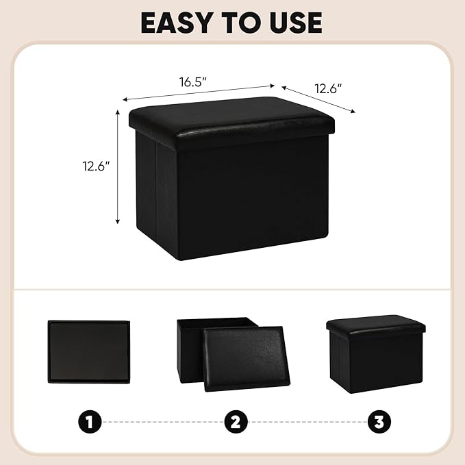 B FSOBEIIALEO Folding Storage Ottoman Cube Faux Leather Ottomans for Living Room, Bedroom, Home Office, Dorm Storage Footrest Black 16.5"x12.6"x12.6"