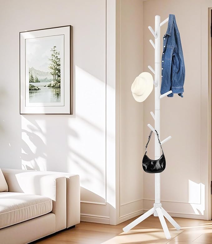 Beech Wood Coat Rack Stand with 9 Hooks, 3 Height Adjustable, simple Freestanding Solid Wooden Coat Tree Hanger for Clothes, Hats, Scarves, bags, Jackets, Bedroom, livingromm, Office(White)-NeatNest
