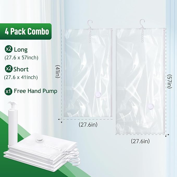 Hanging Vacuum Storage Bags For Clothes With Hand Pump,Coat Storage Bag Hanging,Vacuum Bags For Clothes,Space Saver Vacuum Storage Bags,Garment, Clothing, Dress, Suit, Long Coat, Jacket(Combo 4 Pack)