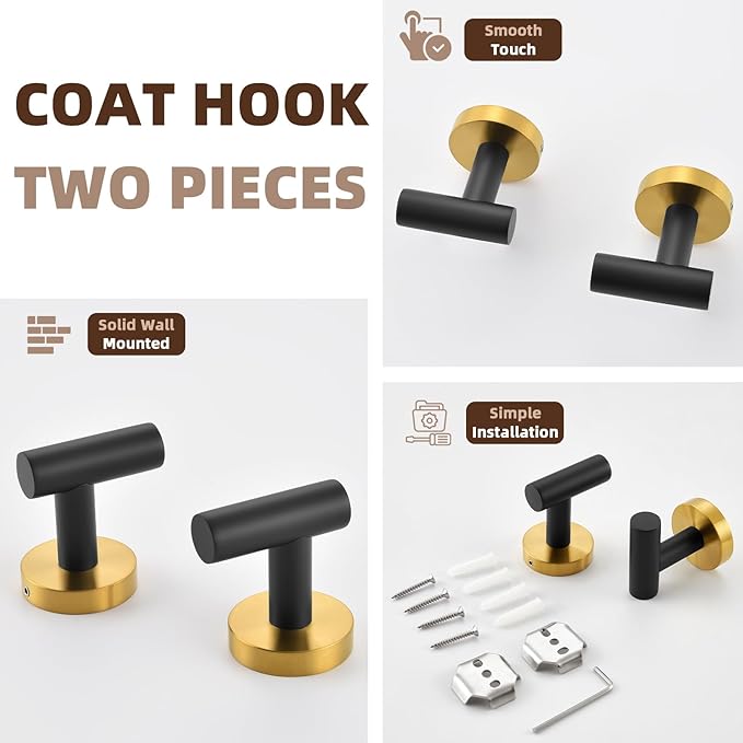 APLusee Robe Towel Hook 2 Pack Black Gold, 304 Stainless Steel Coat Hook, Bath Towel Hanger Wall Mounted