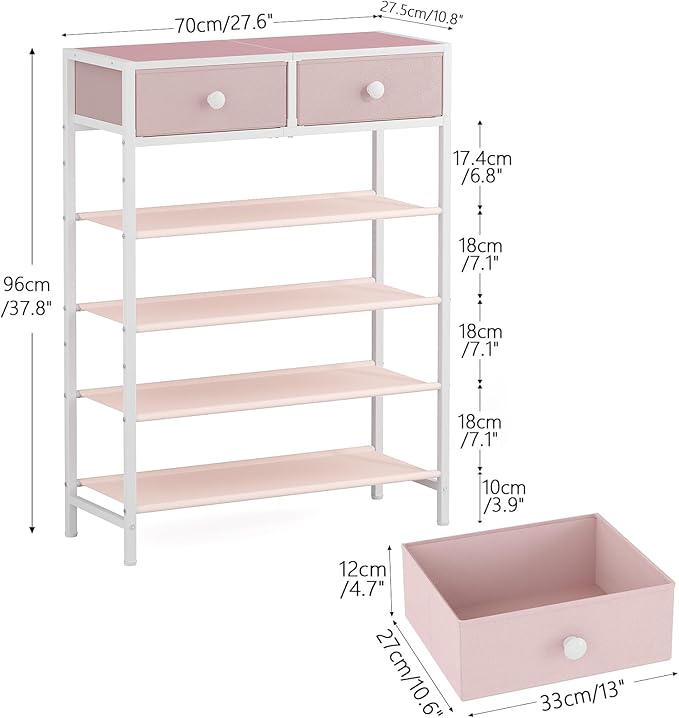 Shoe Rack, 5 Tier Shoe Organizer with 2 Drawers, Metal Shoe Storage for 16-20 Pairs of Shoes with Fabric Shelves and Wooden Top, Narrow Shoe Shelf for Closet Entryway Pink-NeatNest