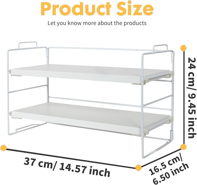 PowerKing Desk Shelf Organizer, 2-Tier Desktop Shelves with Wood Board, Adjustable Bookshelf Storage Rack for Home Office School Study Room (White Frame + White Wood)-NeatNest