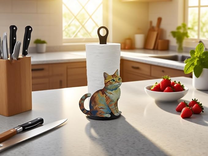 Decorative Paper Towel Roll Holder,Easy One-Handed Tear Kitchen Paper Towel Dispenser, Standing Paper Tower Holder Countertop Black for Kitchen and Bathroom (1Pack, Colorful Cat)-NeatNest