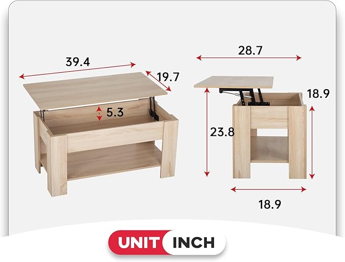 FDW Lift Top Coffee Table with Lift Tabletop Hidden Compartment and Storage Shelf Wooden Living Room Table for Home Reception Room Office,Grey