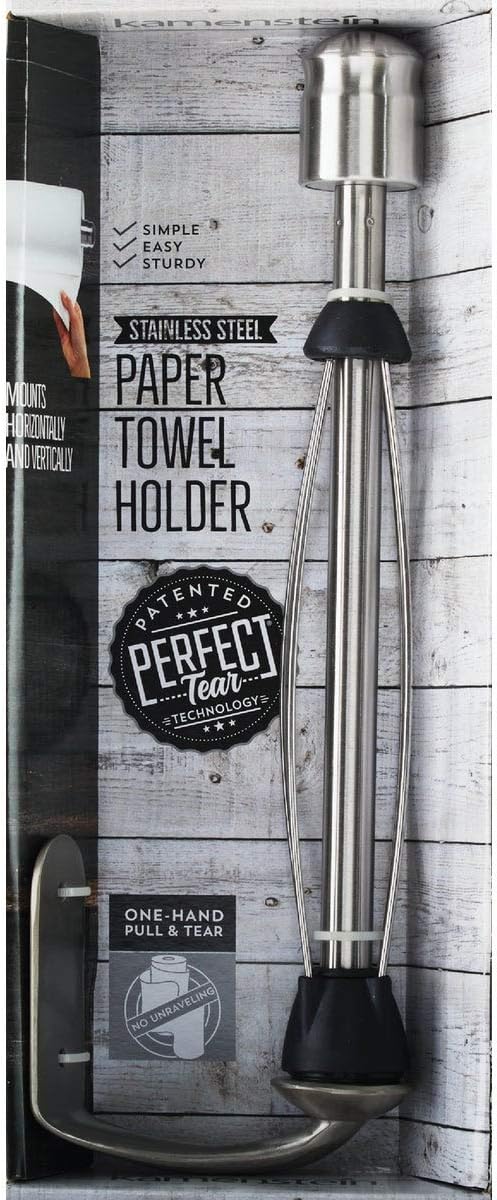 Kamenstein Perfect Tear Wall Mount Paper Towel Holder, Patented Design for One-Handed Use, Rounded Finial, 14-Inch, Brushed Silver Metal Finish
