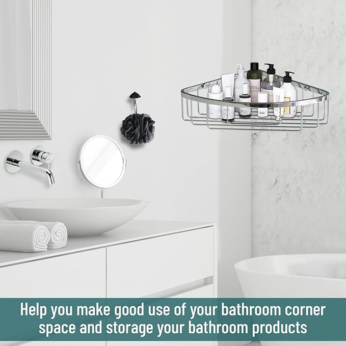 Stainless Steel Wall Mount Shower Caddy, Single Hook & Bath Wipe |Waterproof Durable Corner Shower Rack for Bathroom |Space Saving Bathroom Organizer & Storage for Shampoos Soap Bath Items | Silver