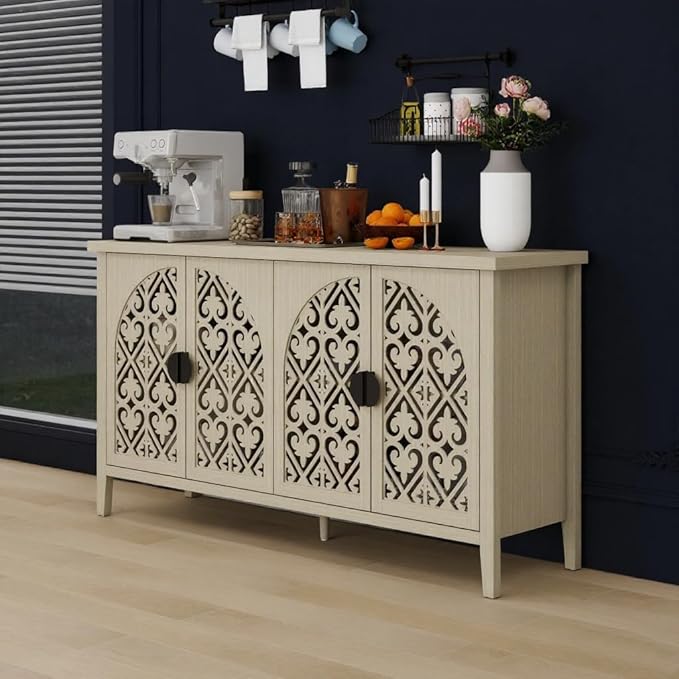 Accent Sideboard Buffet Cabinet with Storage, Vintage Cabinet with 4 Hollow-Carved Arched Doors and Adjustable Shelves, Accent Storage Cabinet Wood Credenza for Living Room, Kitchen, Entryway