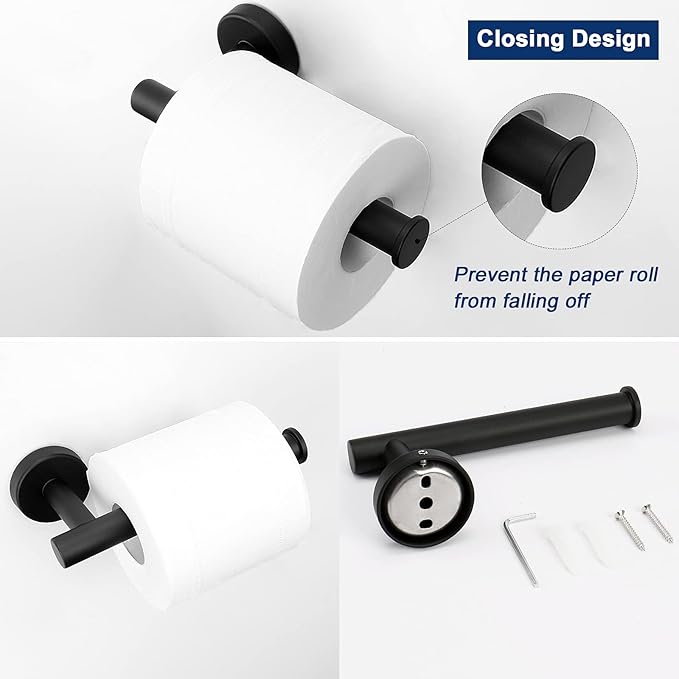 Bathroom Hardware Set 2 Pieces Towel Ring and Toilet Paper Holder 304 Stainless Steel Hand Towel Holder and Towel Hanger Wall Mounted (Matte Black)
