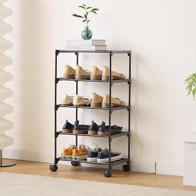 5-Tier Small Shoe Rack with Wheels, Slide-Out Metal Shoe Racks Storage, Anti-Rust Coating, Stackable Design - 16.9W for Entryway, Kitchen, Living Room & Office - Black