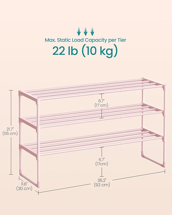 SONGMICS Shoe Rack, 3-Tier Shoe Organizer, Metal Storage Shelf, Upright or Upside Down, for 16-20 Pairs, Stackable, for Entryway, 11.8 x 36.2 x 21.7 Inches, Jelly Pink ULSA303S01-NeatNest