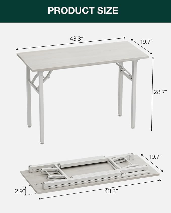 Frylr Small Folding Computer Desk β Portable 43.3 Inch Foldable Laptop Table, Collapsible and Compact for Easy and Fast Setup, Lightweight for Small Spaces, Home Craft and Study Use, White Ash