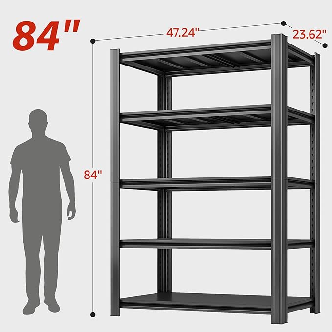 84" H x 47.24" W 5 Tier Metal Garage Shelves, 3000 LBS Adjustable Storage Shelving Unit for Warehouse, Basement, Kitchen, Store Display, Flower Stand, Office, Classroom, 24" D, Black-NeatNest