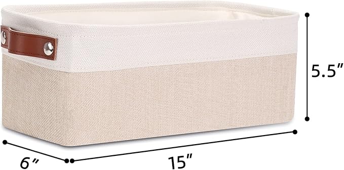 DULLEMELO Fabric Bathroom Storage Bin with Leather Handles, Narrow Organizer for Towels, Toilet Paper Rolls, Storage Basket for Back of Toilet, Vanities, Shelves & Cabinets (White&Khaki)-NeatNest