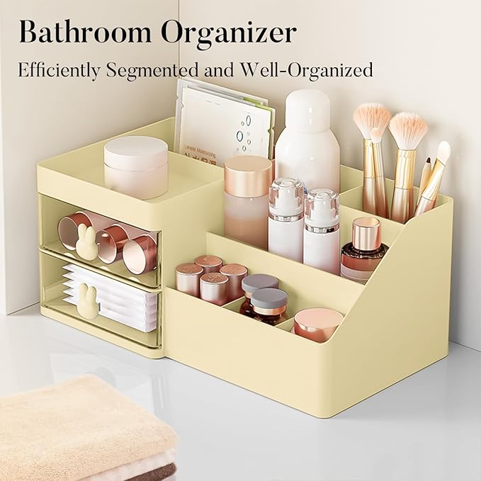 Makeup Organizer, Cosmetic Desk Storage Box with Drawers Skincare Organizers for Dressing Table, Countertop, Bathroom Counter, Vanity Holder for Brushes, Lotions, Lipstick, Perfume (Yellow-Clear)-NeatNest