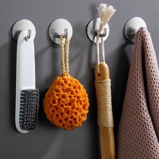 8 Pack Silver Adhesive Wall Hooks, Towel Hooks for Bathrooms, Sticky Hooks for Hanging, Stick on Wall Mount for Bathroom Kitchen Bedroom No Drill