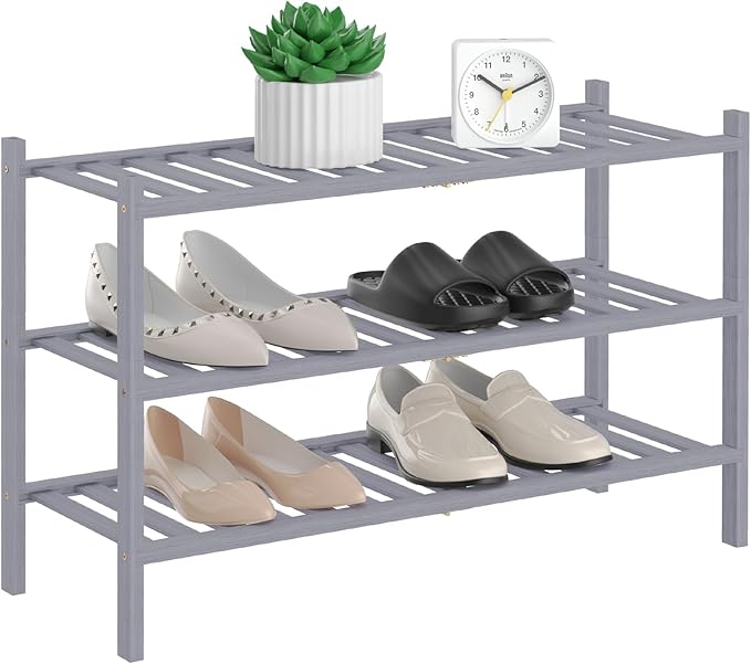 Shoe Rack, 3 Tier Bamboo Shoe Rack for Closet, Stackable Wooden Shoe Organizer, Free Standing Wood Shoe Shelf for Entryway Small Space, 27" x 11" x 20", Grey-NeatNest